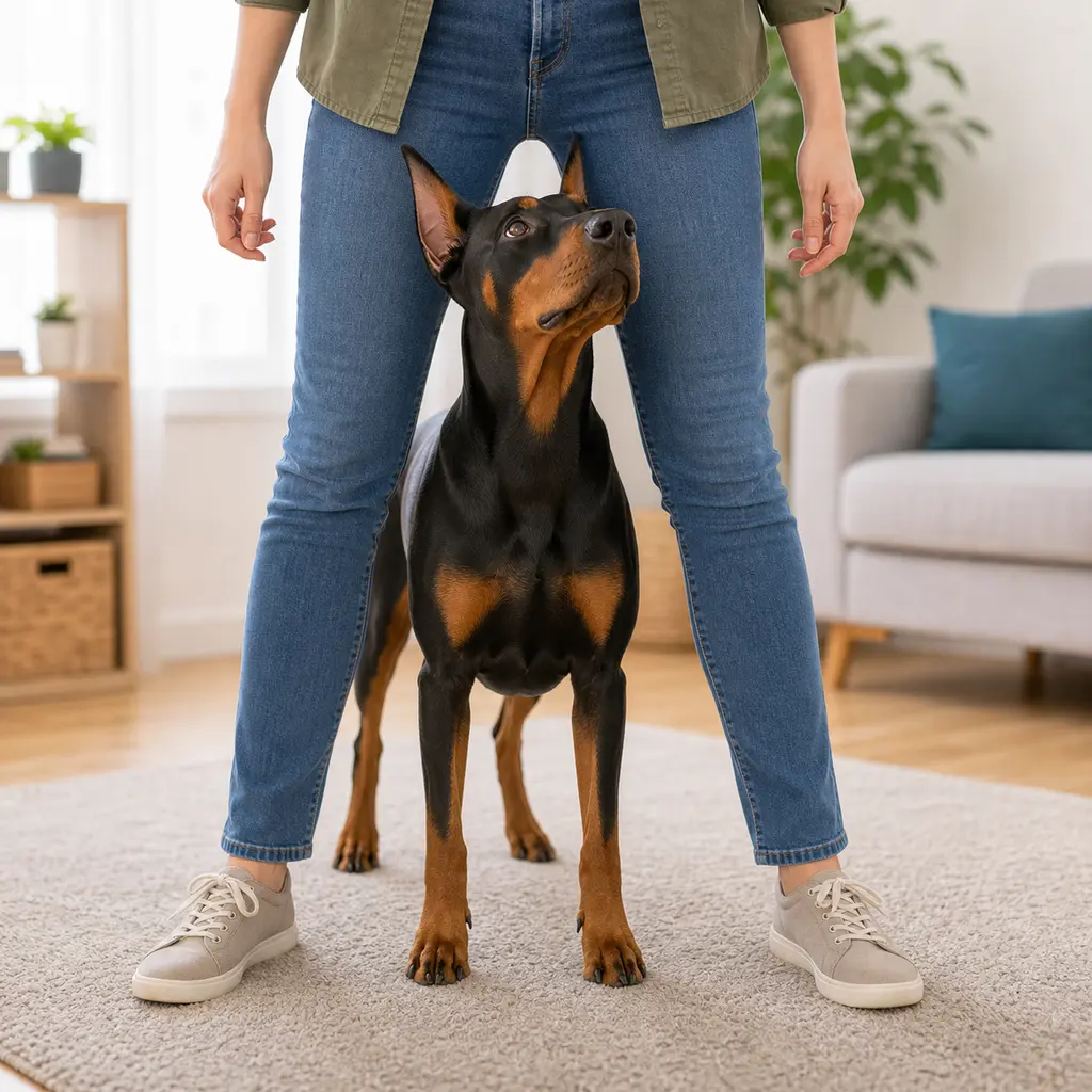 Doberman standing between a trainer legs for the middle cue