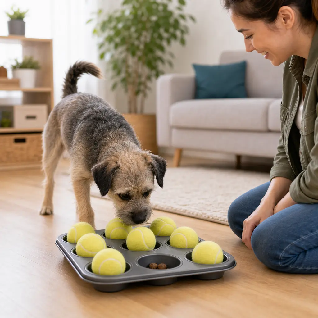 Small terrier mix searching a muffin tin puzzle with tennis balls