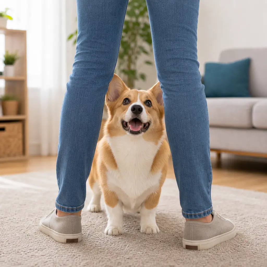 Corgi standing between a trainer legs for peekaboo