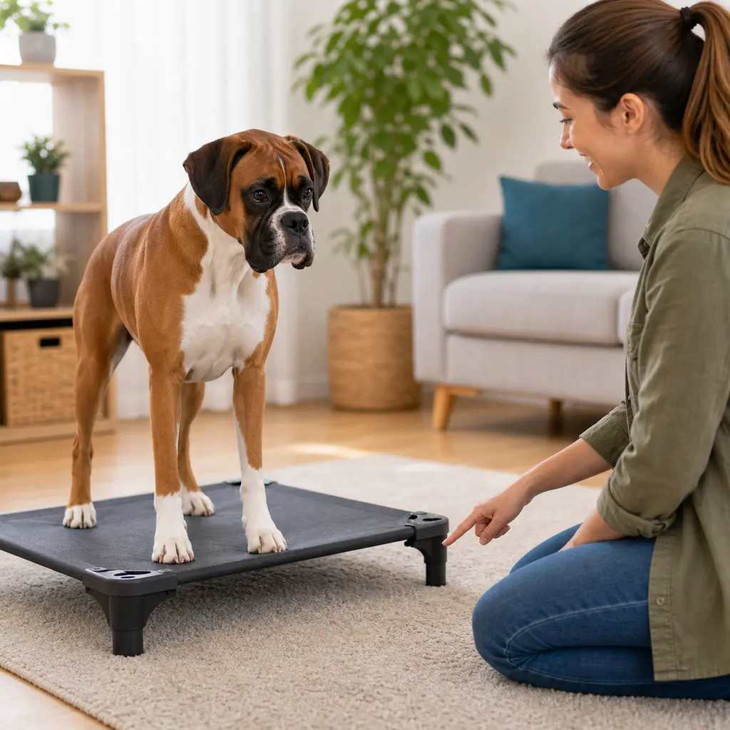 Boxer standing on a raised platform for the place cue