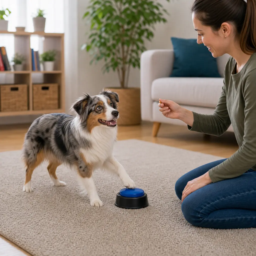 Miniature Australian Shepherd practicing push a button