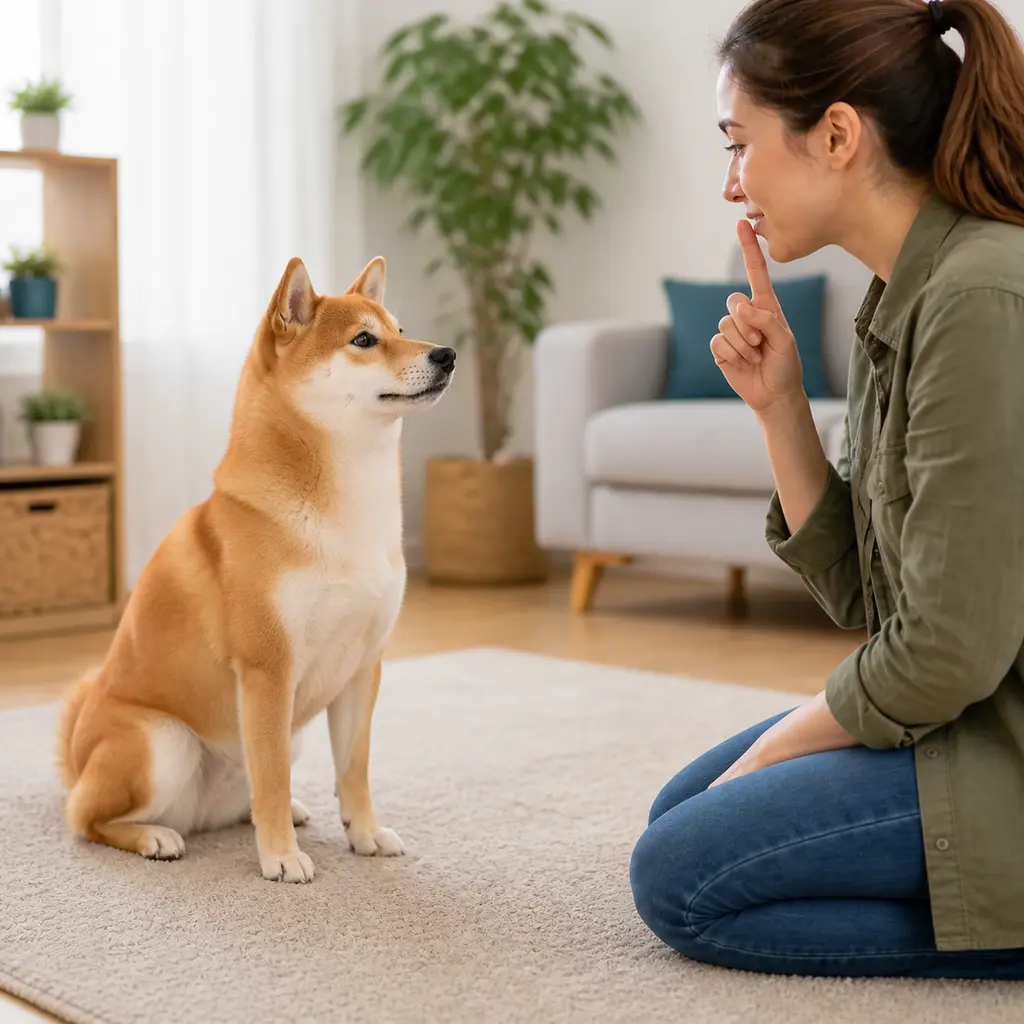 Shiba Inu sitting quietly during quiet cue training