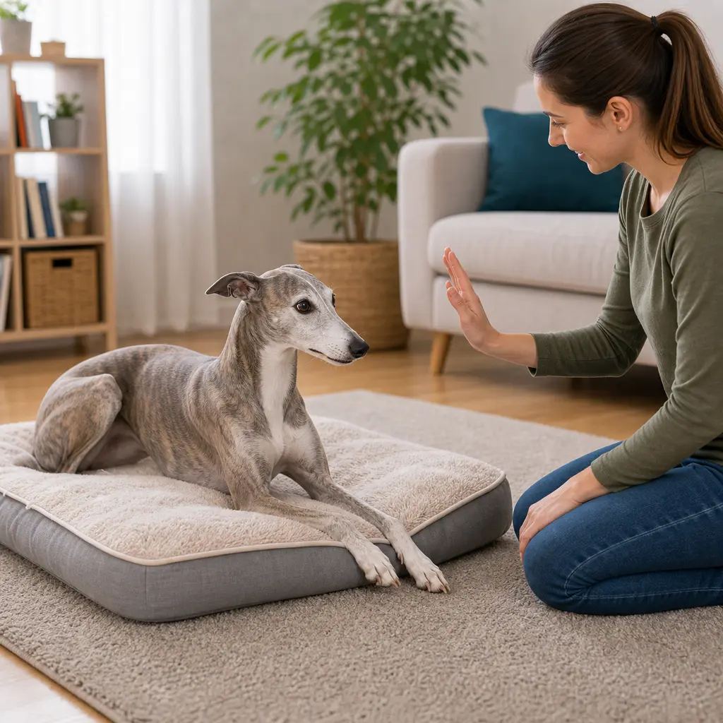Greyhound practicing relax on cue