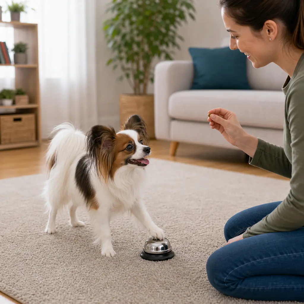 Papillon practicing ring a bell