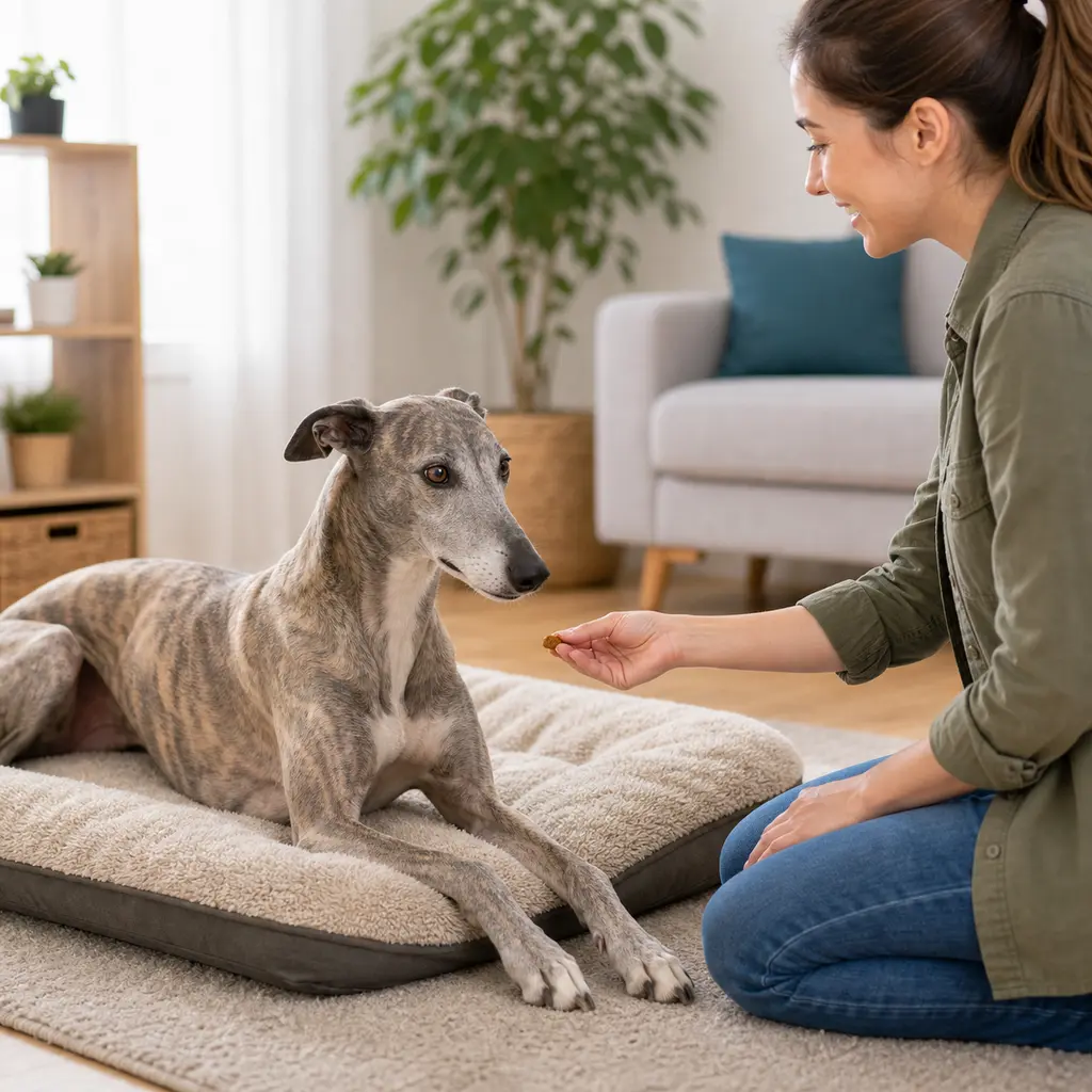 Greyhound settling calmly on a soft dog bed