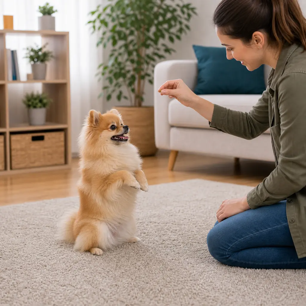 Pomeranian practicing sit pretty