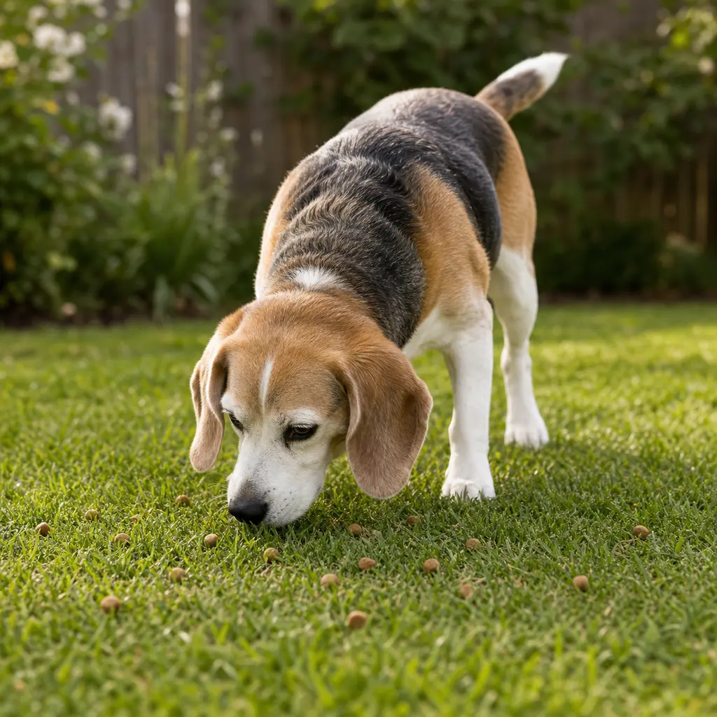 senior Beagle practicing slow scatter feed