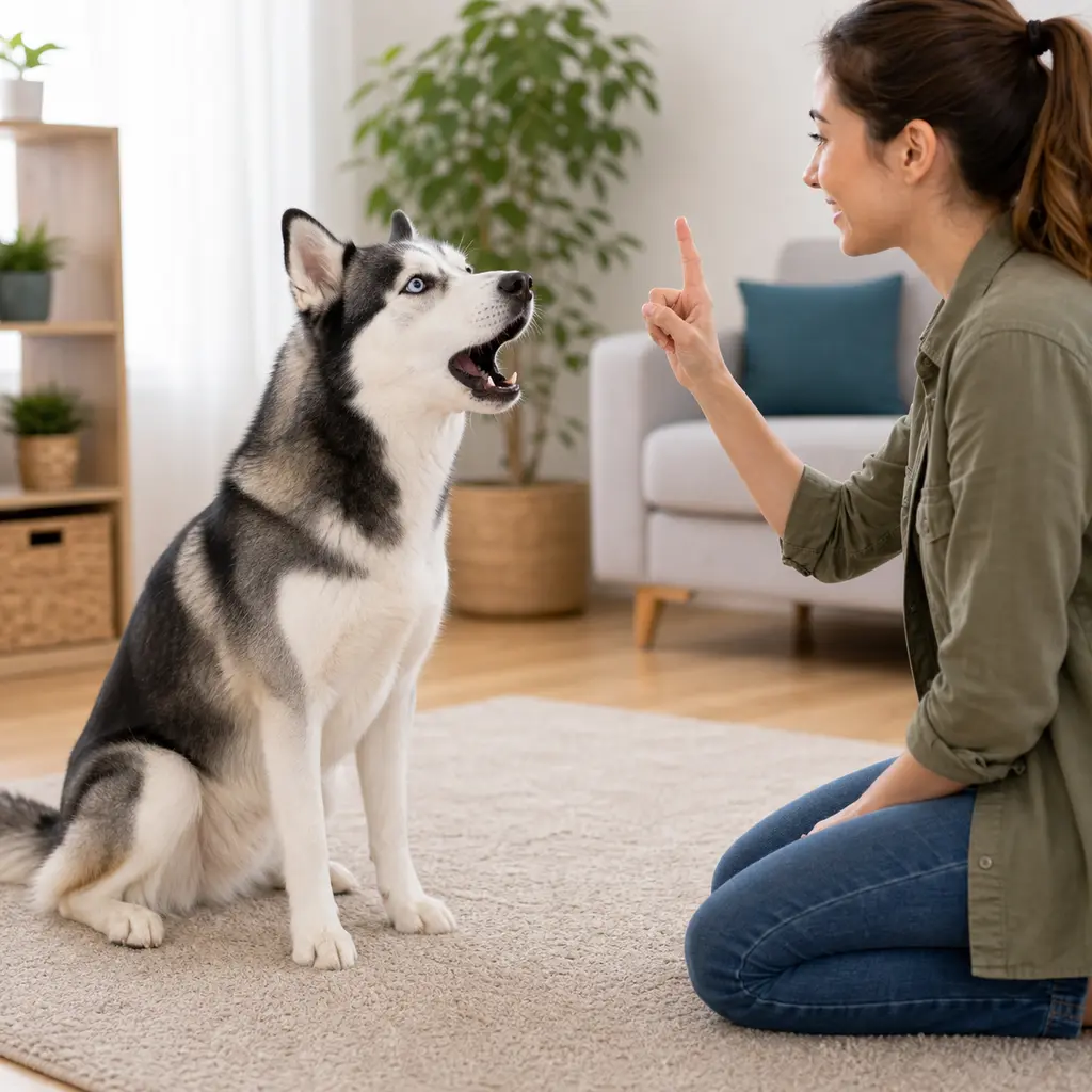 Siberian Husky speaking on cue during training