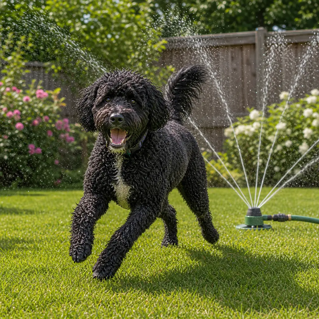 Portuguese Water Dog practicing sprinkler chase