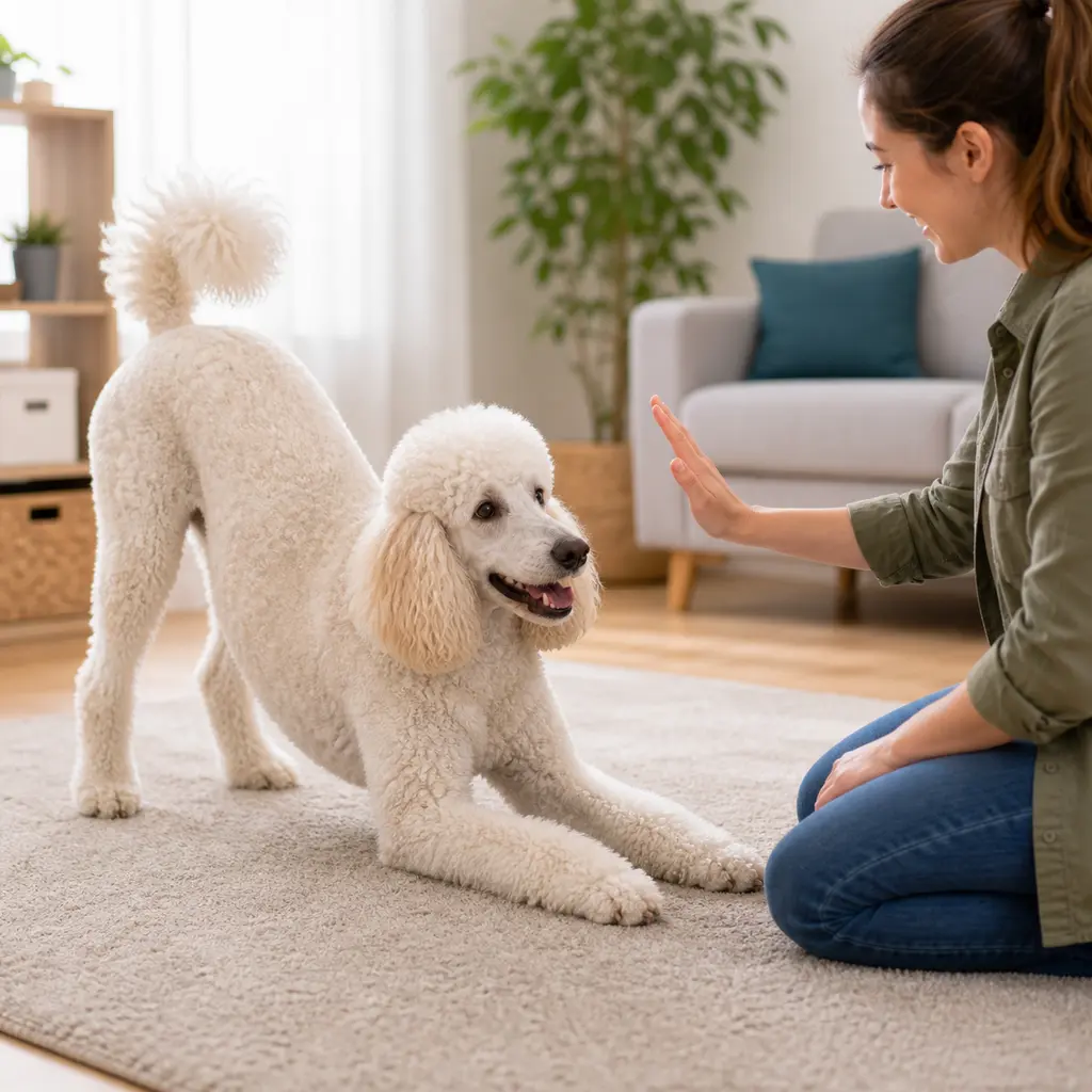 Standard Poodle doing a take a bow trick