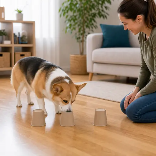 Corgi practicing cup search