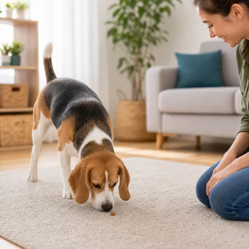 Beagle sniffing for a treat during a find it game