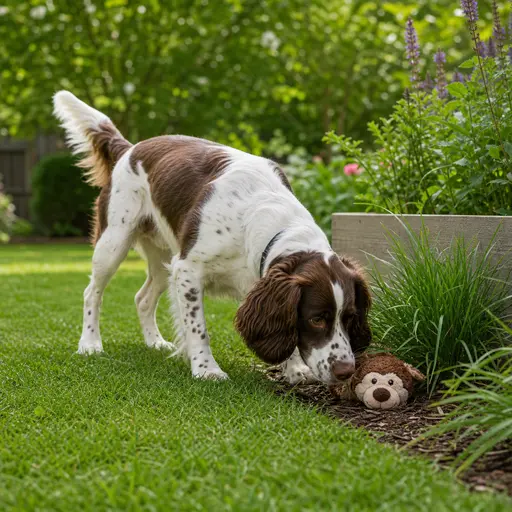English Springer Spaniel practicing find the toy outside