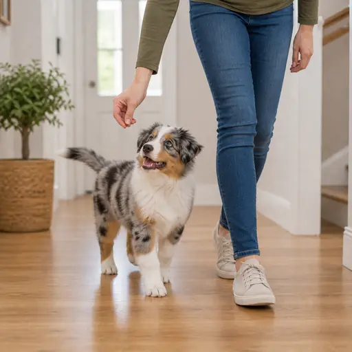Australian Shepherd puppy practicing follow me