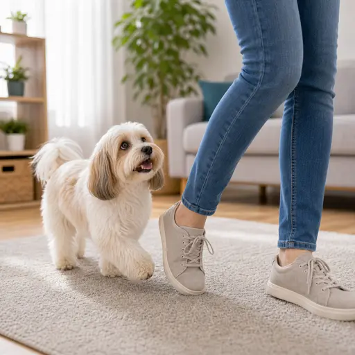 Havanese following a trainer through a simple indoor path
