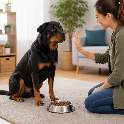 Rottweiler waiting beside a food bowl during impulse control training