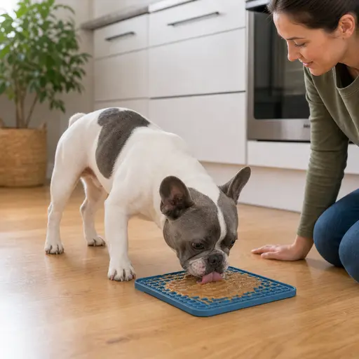 French Bulldog practicing lick mat reset