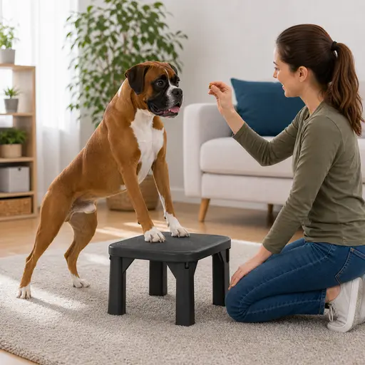 Boxer practicing paws up