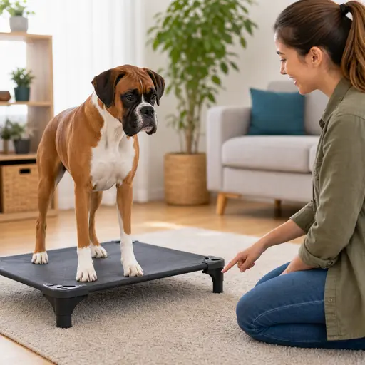 Boxer standing on a raised platform for the place cue
