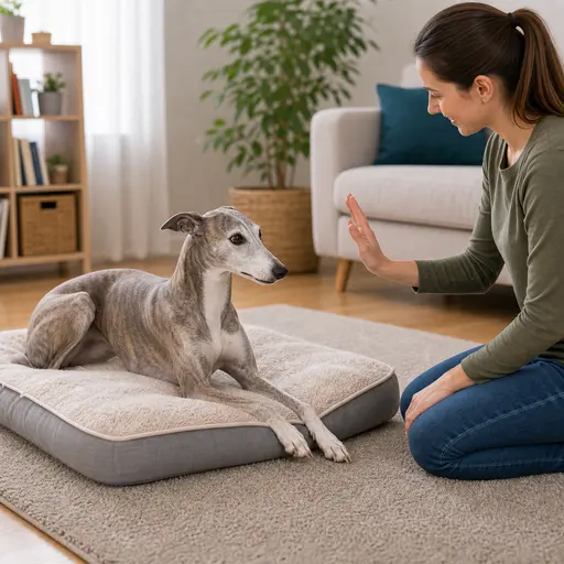 Greyhound practicing relax on cue