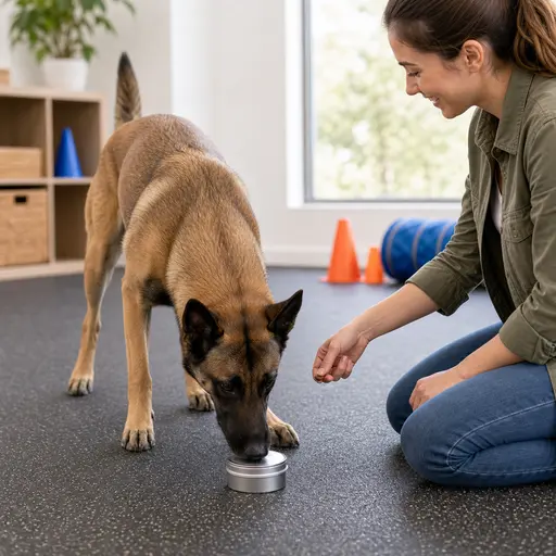 Belgian Malinois sniffing a scent tin during nose work training