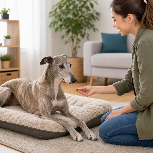 Greyhound settling calmly on a soft dog bed
