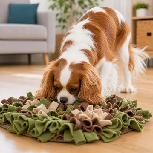 Cavalier King Charles Spaniel searching a snuffle mat for food