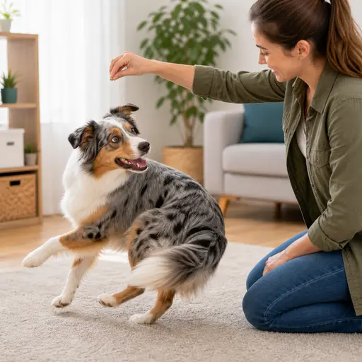 Australian Shepherd following a hand cue for the spin trick