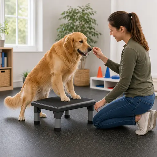 Golden Retriever practicing step on a platform