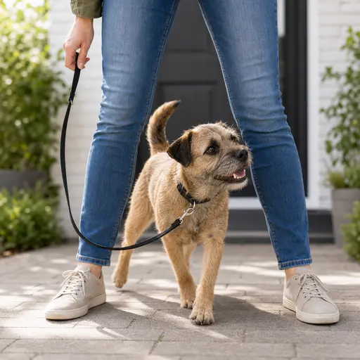 Border Terrier switching sides beside a trainer on leash