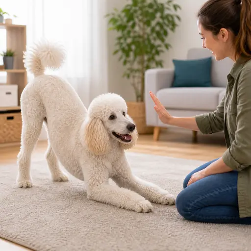 Standard Poodle doing a take a bow trick