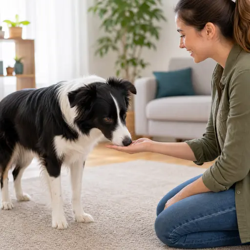 Border Collie touching a trainer's hand with its nose
