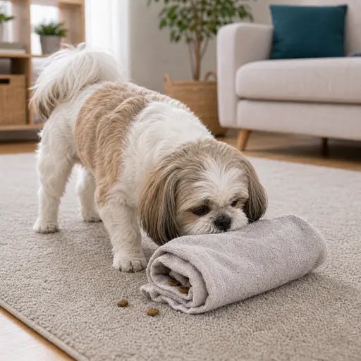 Shih Tzu practicing towel roll puzzle