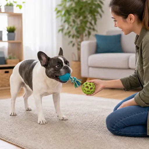 French Bulldog trading one toy for another during toy swap training