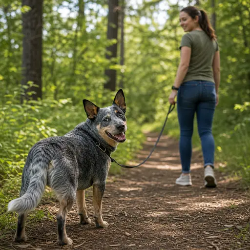 Australian Cattle Dog practicing trail check-in game