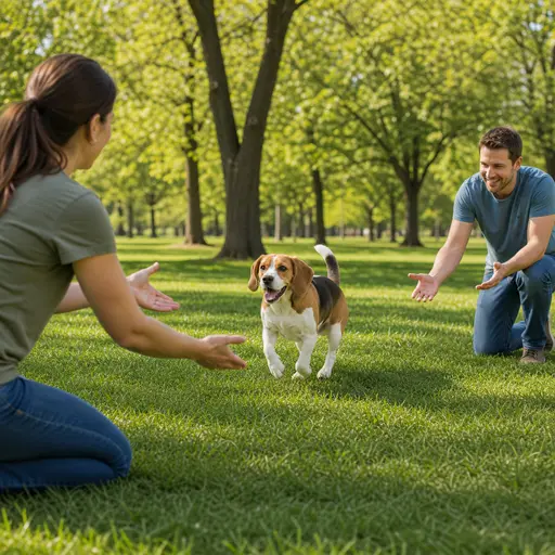 Beagle practicing two-person recall