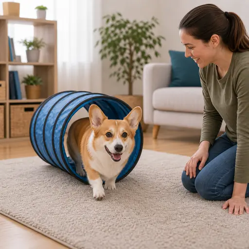 Corgi practicing walk through a tunnel