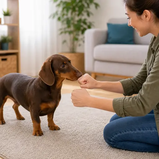 Dachshund sniffing a closed hand for the which hand game