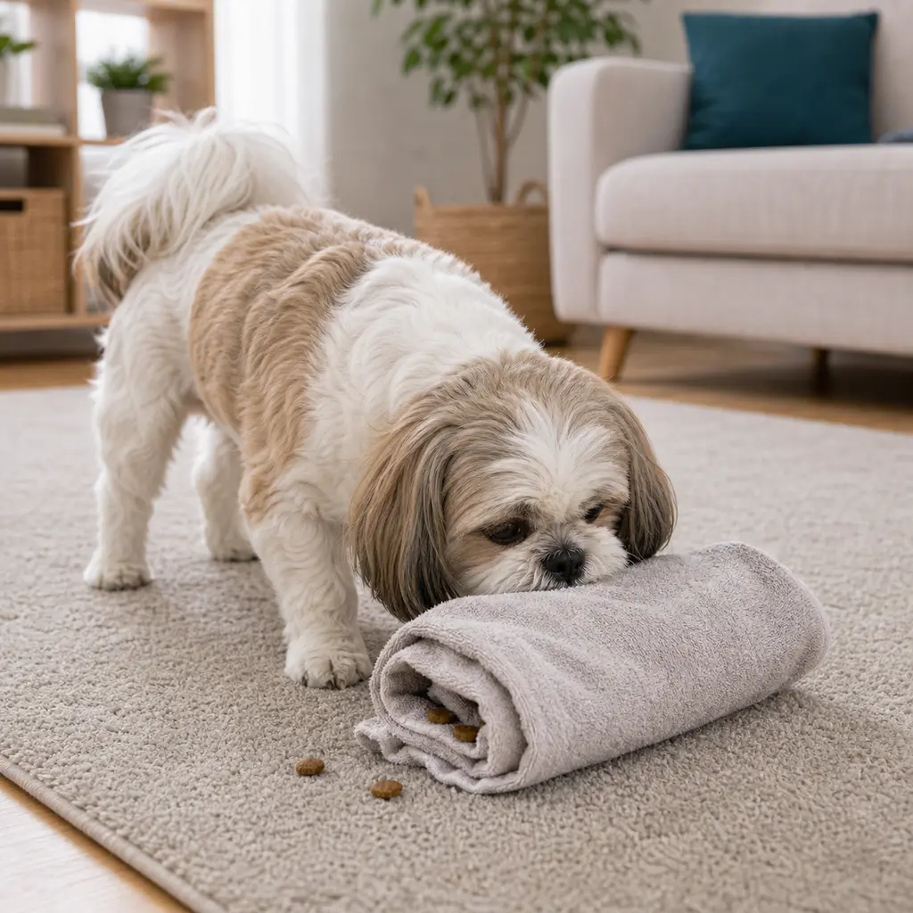 Shih Tzu practicing towel roll puzzle