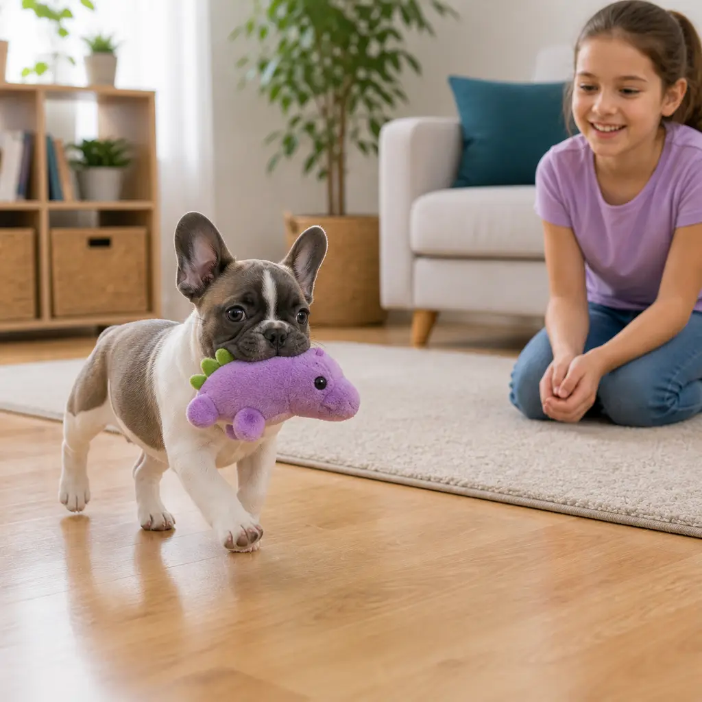 French Bulldog puppy practicing toy parade