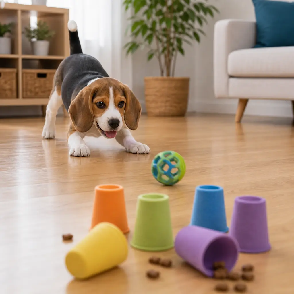 Beagle puppy practicing treat bowling