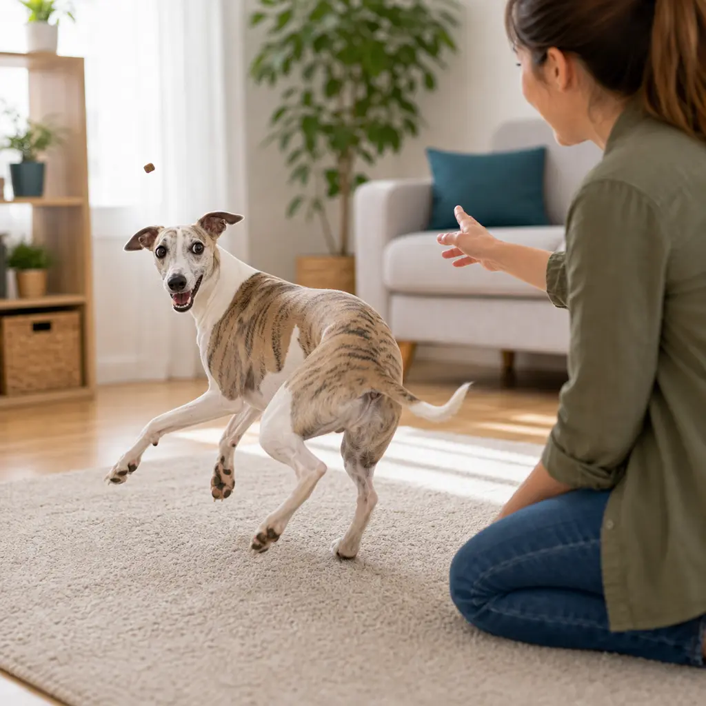 Whippet running back during an indoor treat toss recall game