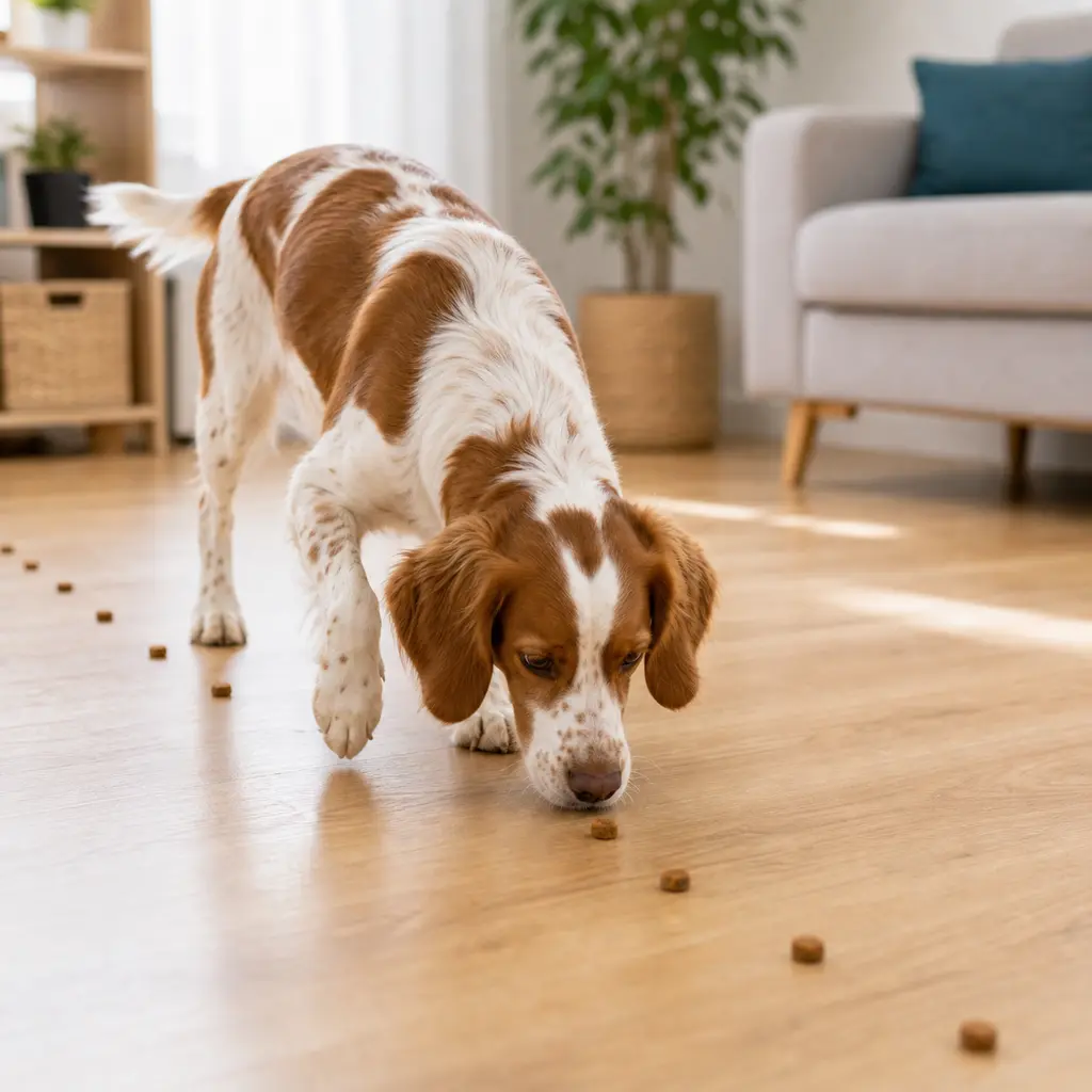 Brittany Spaniel following a treat trail on the floor