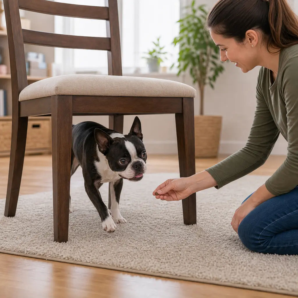 Boston Terrier practicing under the chair