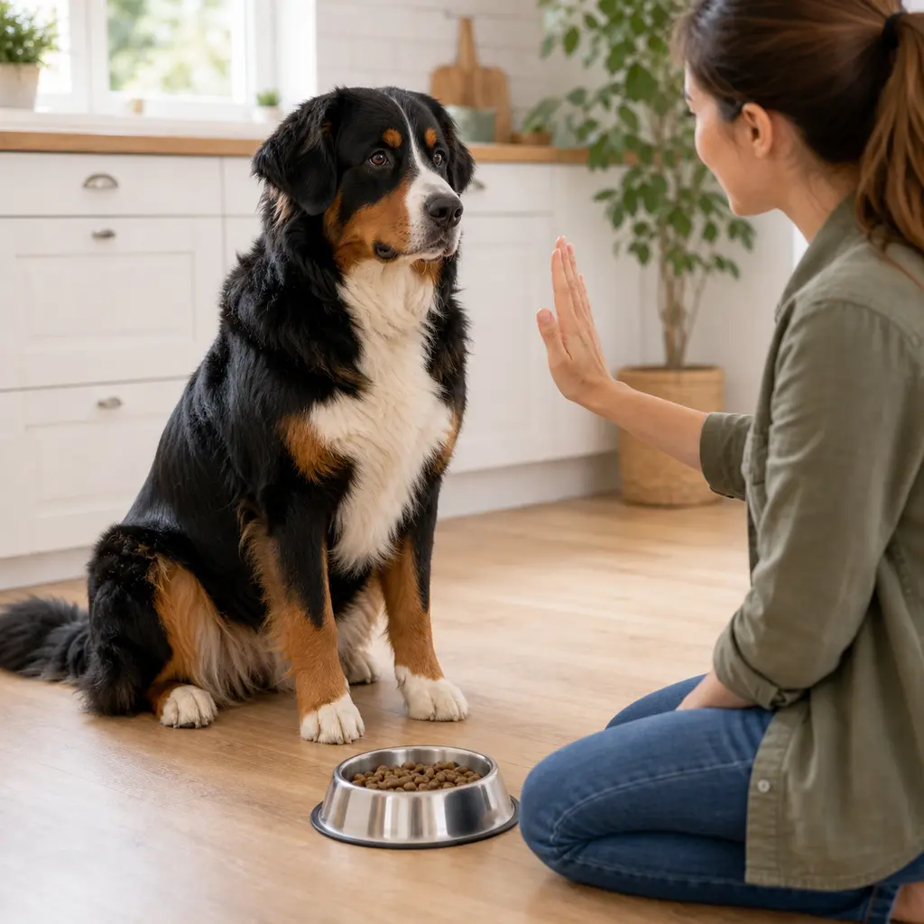 Bernese Mountain Dog waiting before a food bowl
