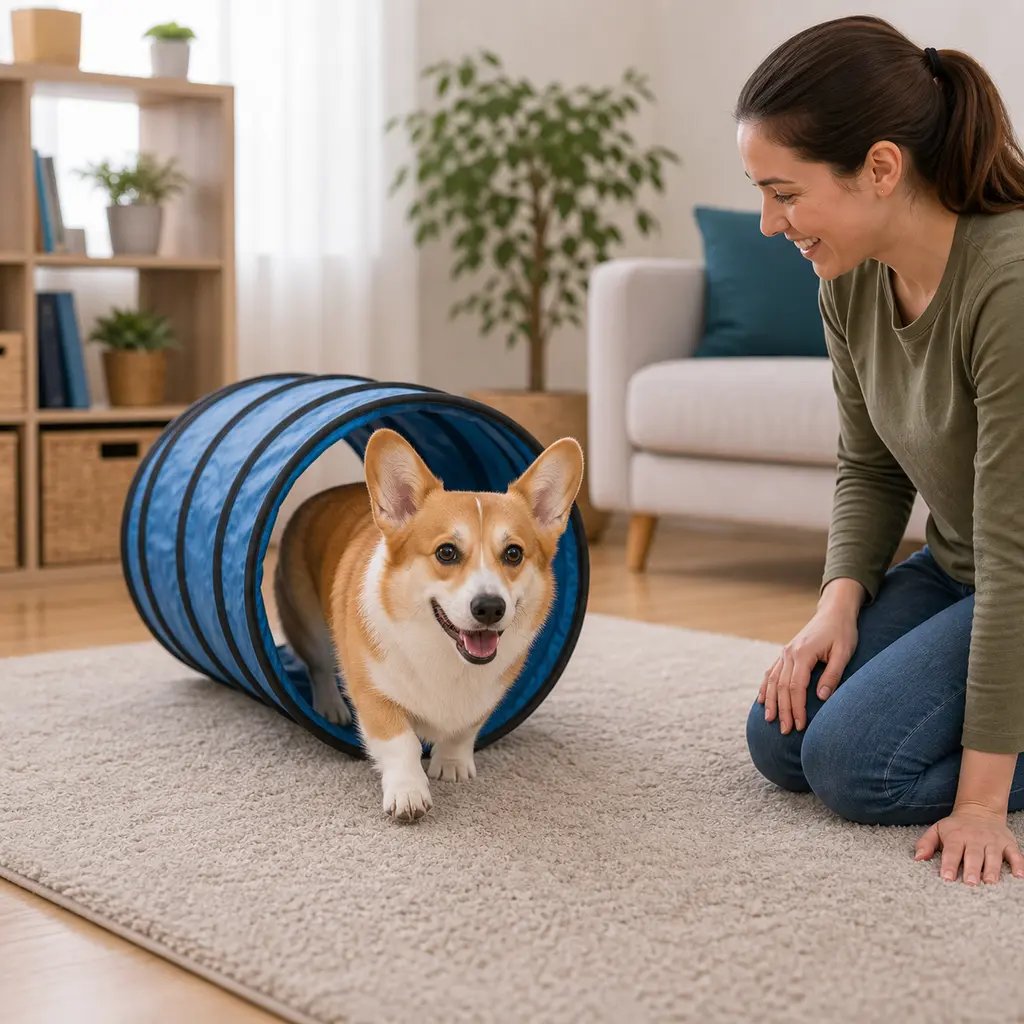 Corgi practicing walk through a tunnel