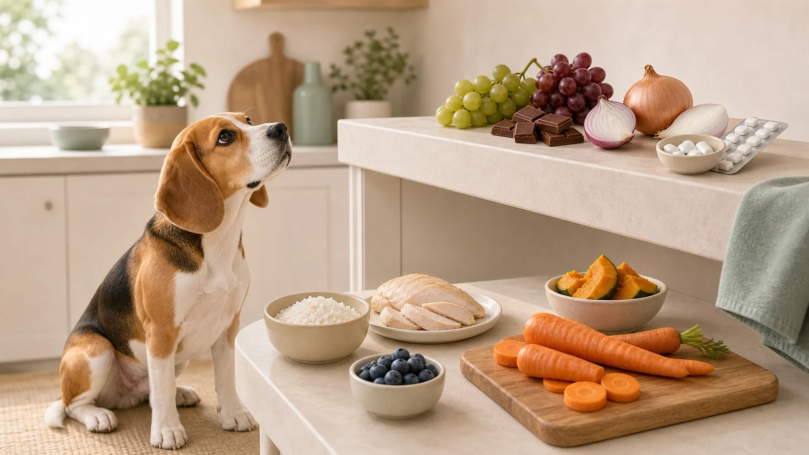A dog sitting away from food on a kitchen counter.