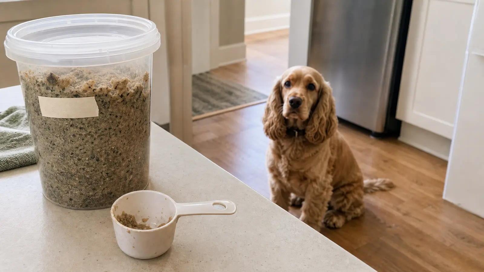 A golden Cocker Spaniel sits on the kitchen floor while a leftover container, scoop, and blank date label are set above safely.