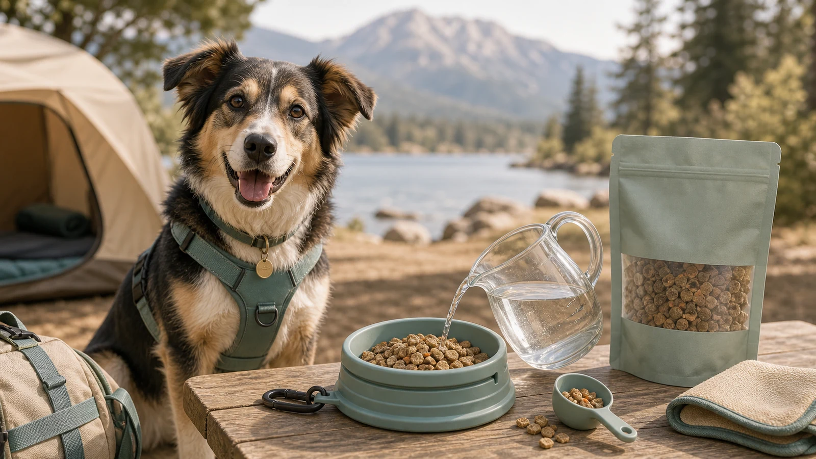Mixed-breed dog beside soaked food and a travel bowl.