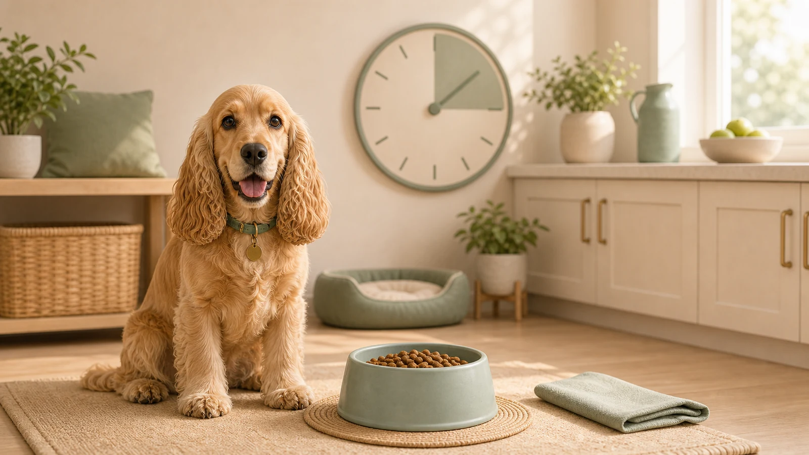 A happy dog waiting beside a bowl in morning kitchen light.